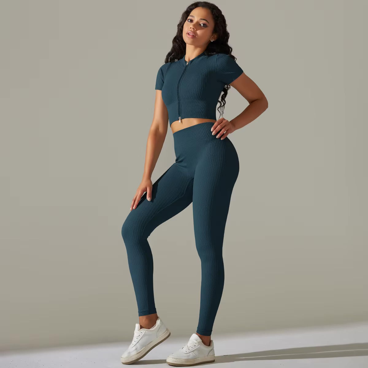 Ensemble top zippé & legging | Bleu canard