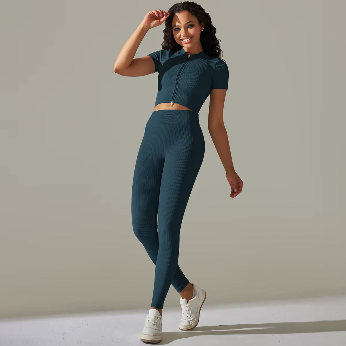 Ensemble top zippé & legging | Bleu canard