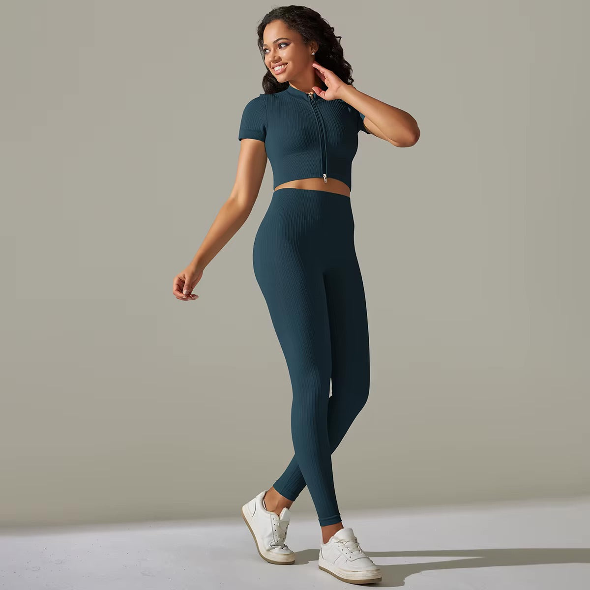 Ensemble top zippé & legging | Bleu canard